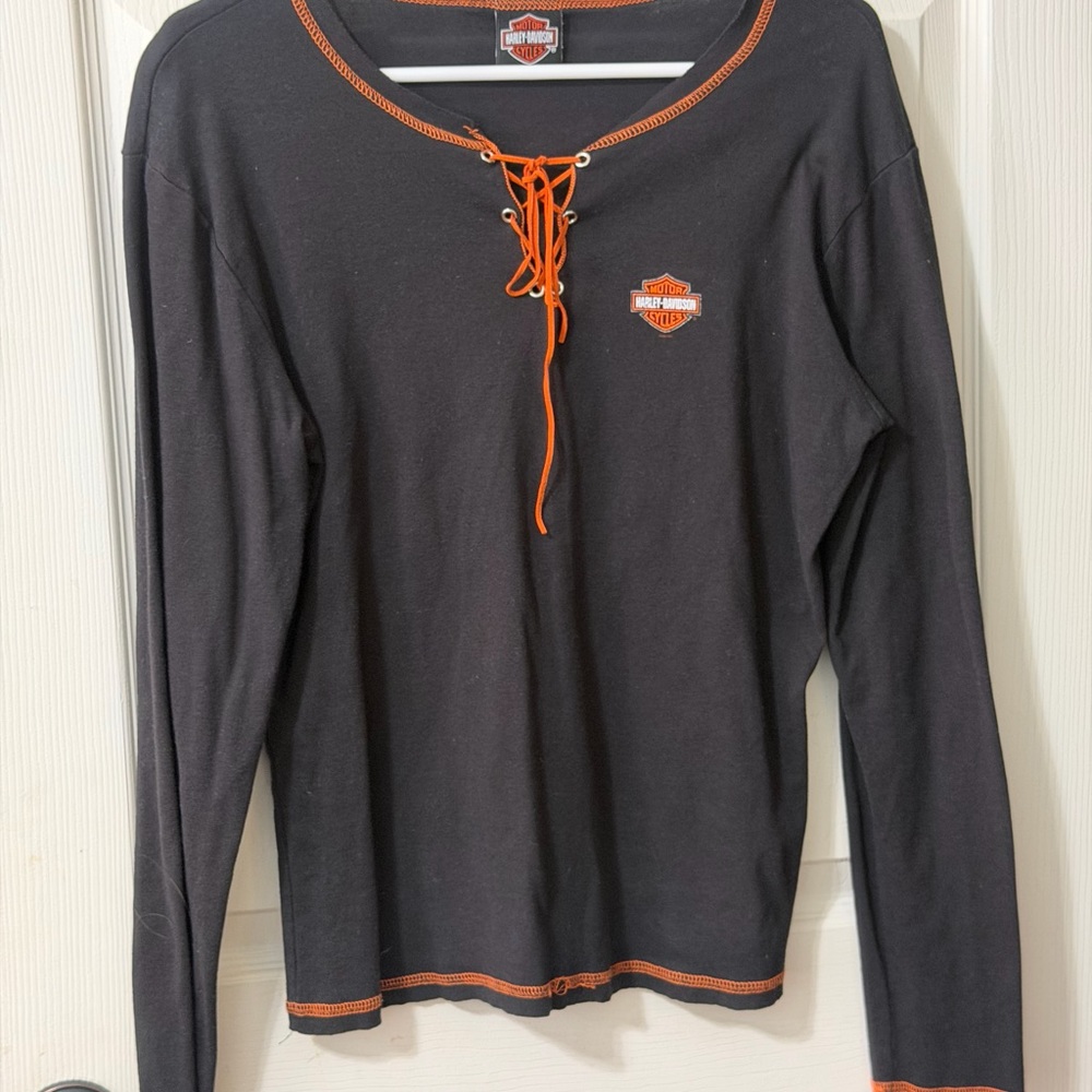 Harley-Davidson Black Long Sleeve Lace-Up Top with Orange Trim